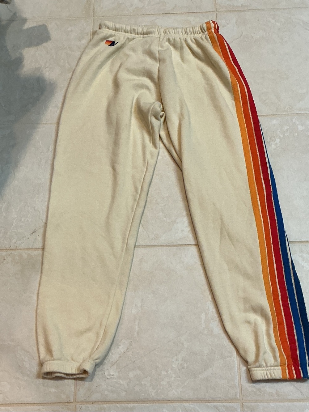 Aviator Nation Cream Track Pants with Rainbow Side Stripes